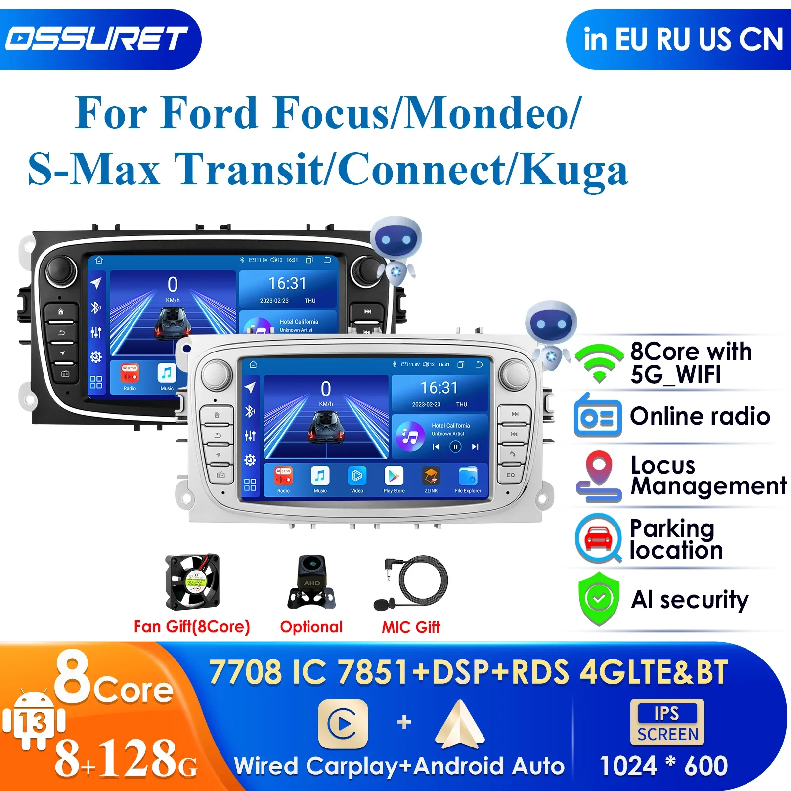 

4G Android 12 2Din Radio Car Multimedia Player 2 Din 7 Inch Autoradio for Ford Focus S-Max Mondeo Galaxy C-Max Kuga Navi GPS RDS