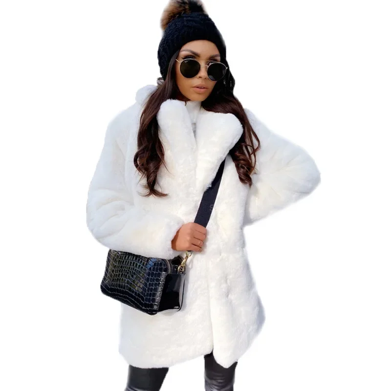 Fleece Elegante Winter Frauen Nerz Pelzmantel Anzug Kragen Große Taschen Weibliche Künstliche Pelz Jacke Minimalistischen Solide Dame Pelzmantel