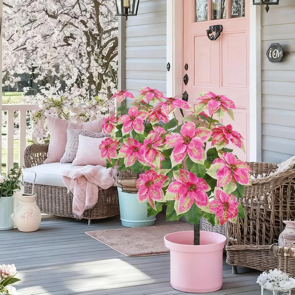 FT / 90 سنتيمتر شجرة البونسيتة الاصطناعية الوردي طويل القامة بوعاء زهور البونسيتة وهمية نابض بالحياة فو النباتات مع جذع الخشب الوردي #5