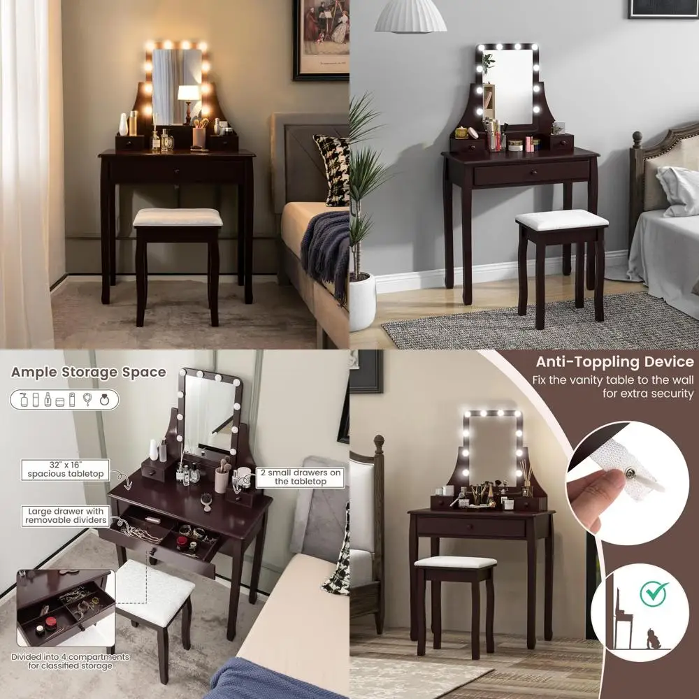 Lighted Makeup Vanity Desk with Adjustable Brightness and 3 Drawers, Featuring 3 Color Lighting Options and Removable Dividers