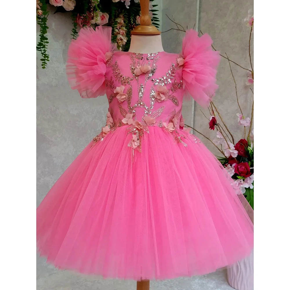 Vestido de flores con lentejuelas para niña, traje de tul con cuello redondo, rosa, hinchada, para cumpleaños, primera comunión, Princesa, 2024