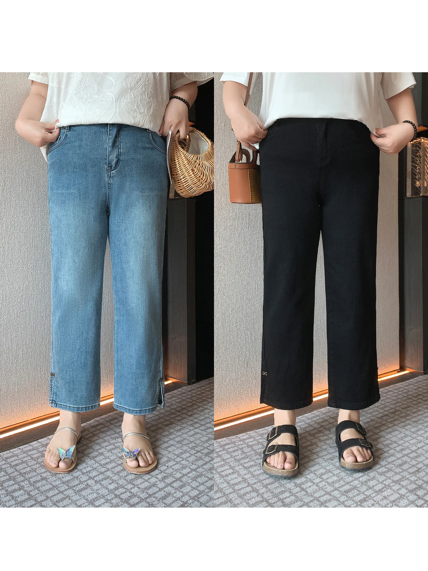 

Джинсы с высокой талией и карманами-сердечками, большие размеры, женские, летние, новые, повседневные, прямые брюки, модные, больших размеров