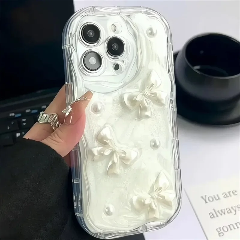 3D Pearl Bow Glitter Shockproof Phone Case For iPhone 14 13 12 11 15 16 Pro Max Plus XS Max XR XS Clear Soft Silicone Cute Cover