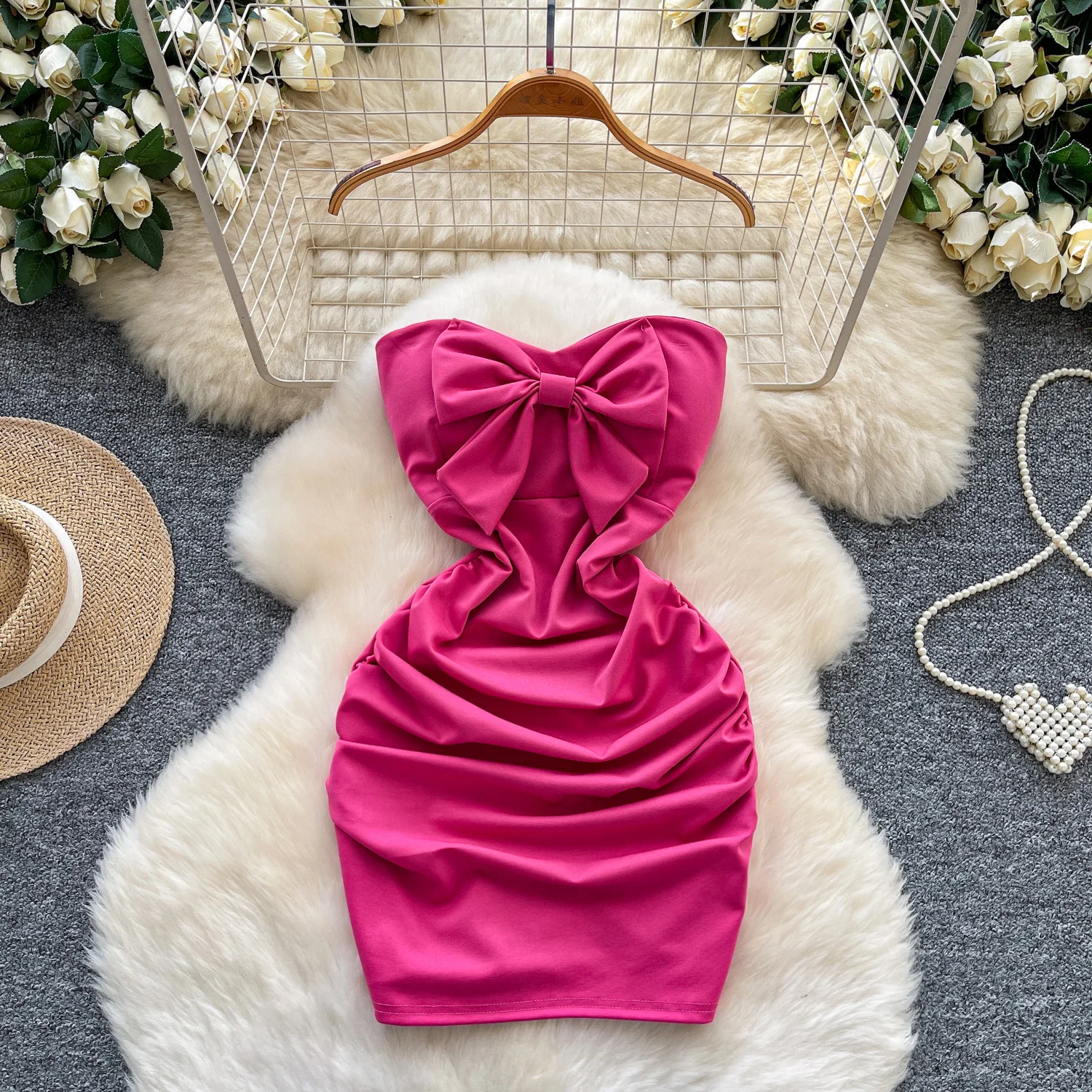 

Women Y2k Strapless Dresses Bow Mini Dress Mini Lenth Sleeveless Waist Bodycon Skinny Slim Casual Sexy Elegant 2025 Summer