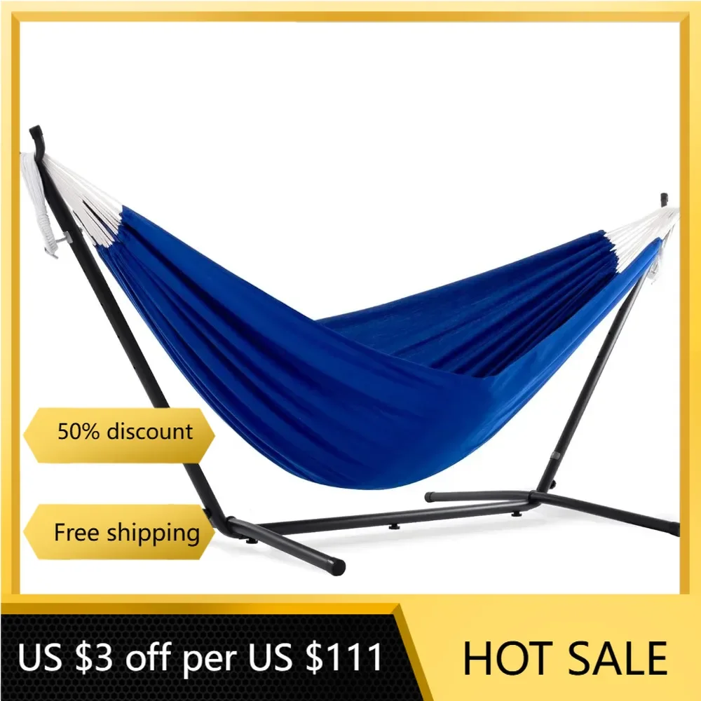 Double Polyester Hammock with Space Saving Steel Stand Camping Outdoor Furniture Sleeping Freight free.