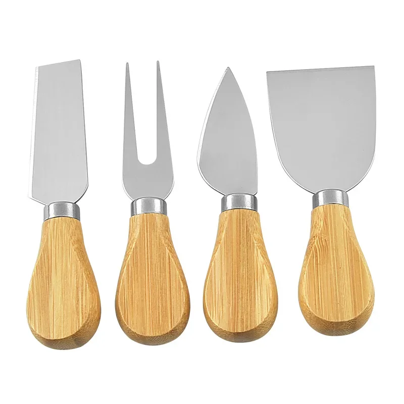 4Pcs Wood Handle Cheese Knives Sets Oak Bamboo Cutlery Stainless Cutter Slicer Kit Kitchen Cheedse Cutter Useful Cooking Tools