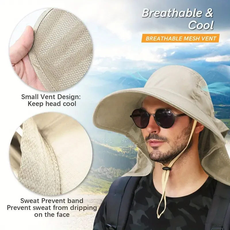 Wide Brim Sun Hat with Neck Flap for Men Women Adjustable Outdoor 50+UPF Protection Safari Cap Hiking Fishing Hat