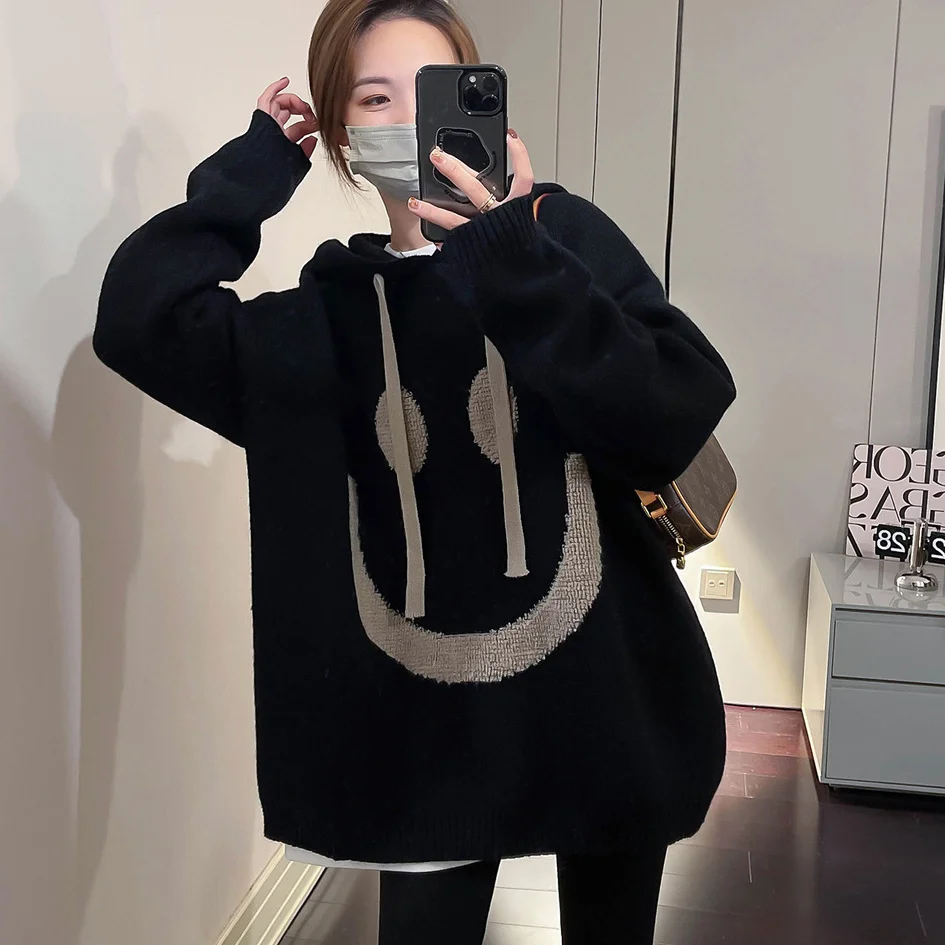 8086# Autumn Winter Smile Knitted Maternity Sweaters Oversize Loose Hoodies Clothes for Pregnant Women Pregnancy Tops