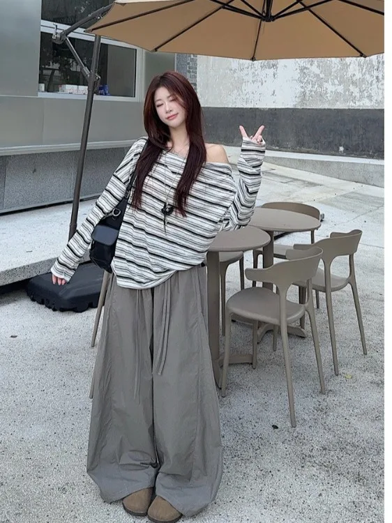 

plus Size Women's Lazy Style Striped Long Sleeve T-Shirt High Waist Wide Leg Pants Autumn Fashion Outfit Korean Loose Fit
