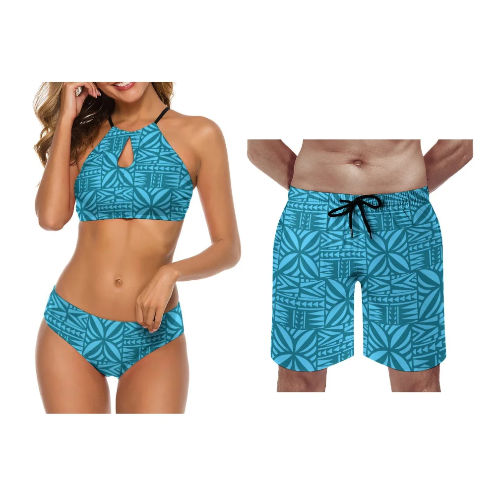 Summer Customizable Couple'S Swimwear Set Polynesian Neck-Wrap Style Open-Front Design Women'S Bikini Men'S Beach Pants