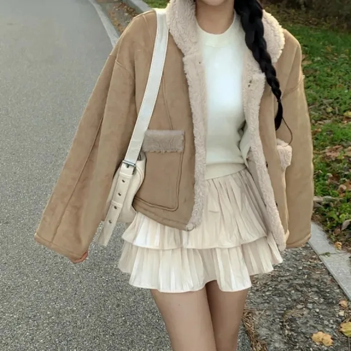 

Зимнее женское двустороннее пальто из замши с воротником из овечьего меха, длинное пальто из полиэфирного волокна длиной