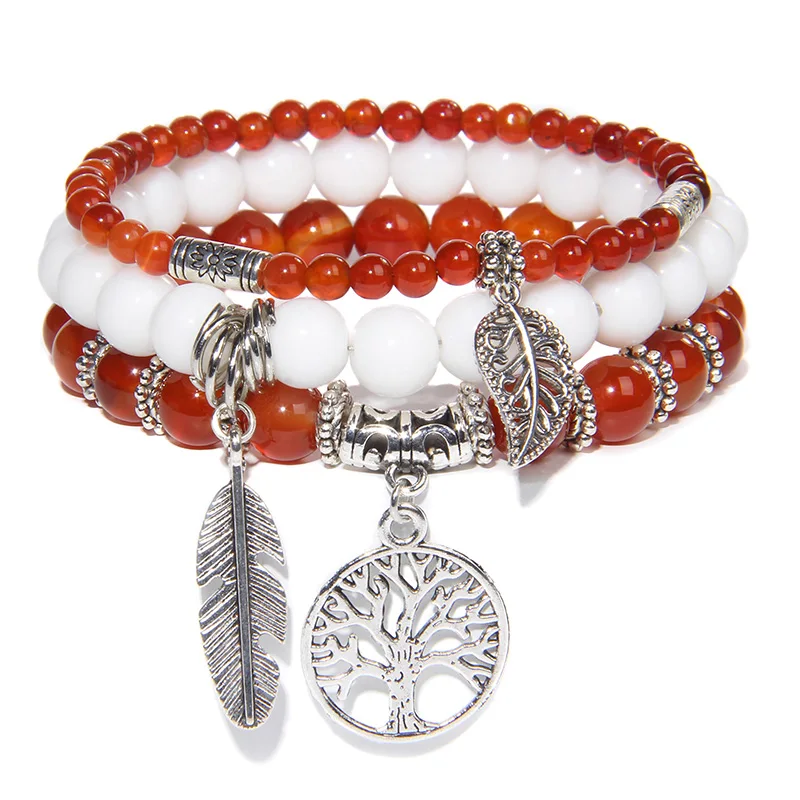 3Pcs/set Natural Stone Purple Agat Beaded Bracelet Tree Of Life Feather Leaves Charm White Porcelain Bracelet Set For Women Men