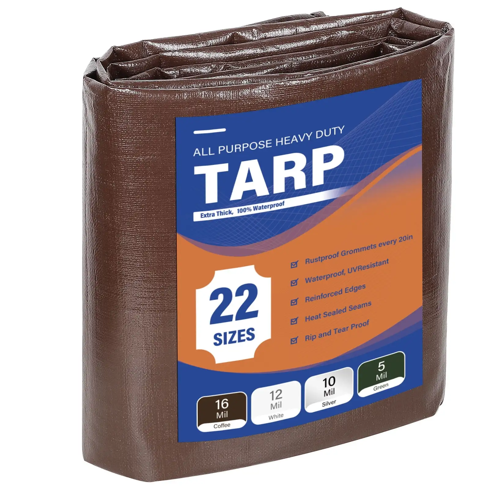 Heavy‑Duty 16mil Poly Tarp Cover, Waterproof UV‑Resistant Rip‑Tear Proof Tarpaulin Canopy Tent Cover, 22 Available Sizes