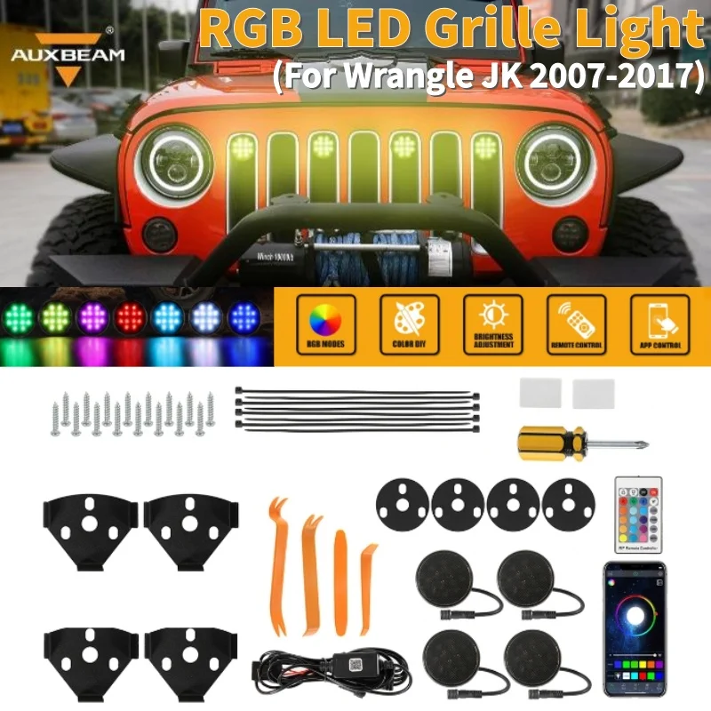 

AUXBEAM Car Grille LED Light with Wiring Harness LED Decorative Lamp For Wrangle JK 2007-2017 （RGBW APP+RF Remote Lights）