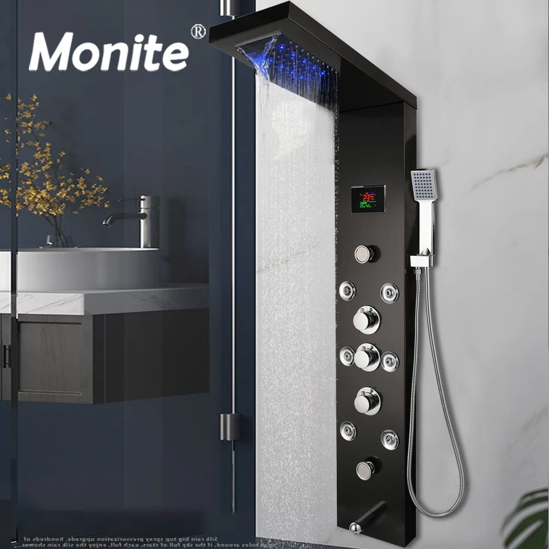 

Monite Digital Display Bathroom Shower Column Rainfall And Waterfall Black Massage Spa Jets Bath LED Panel With Hand Shower Taps