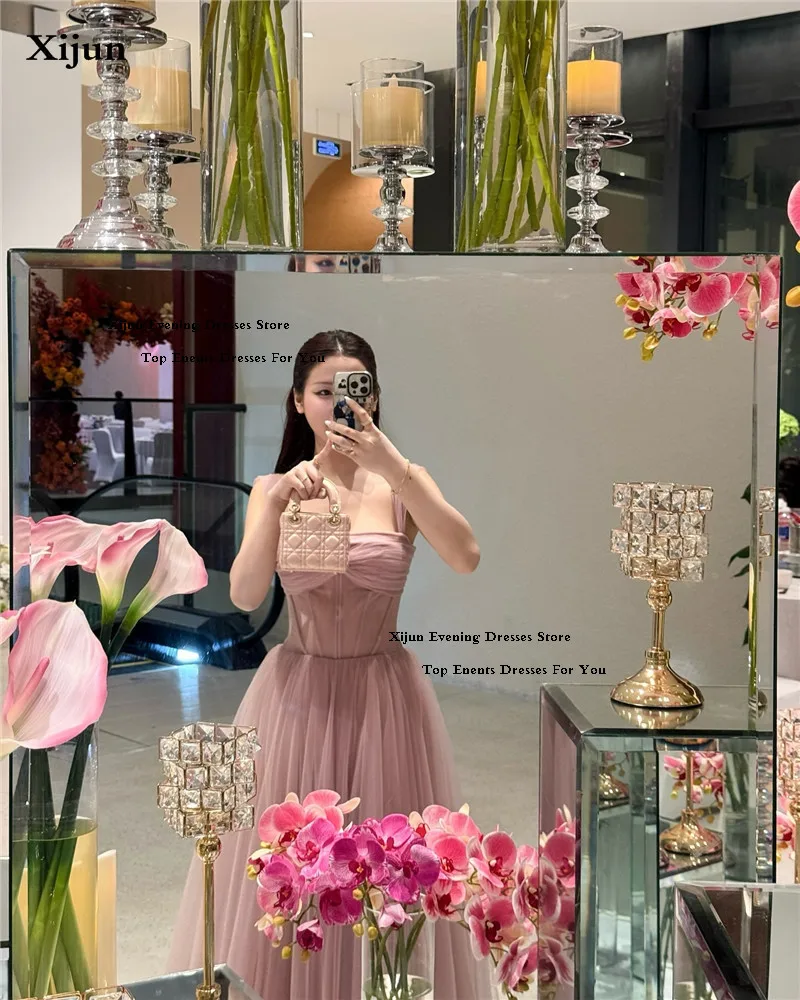 Xijun Pink Evening Dresses A Line Ruffles Tulle Prom Dresses Spaghetti Strap Korean Style Ankle Length Prom Gowns Customized
