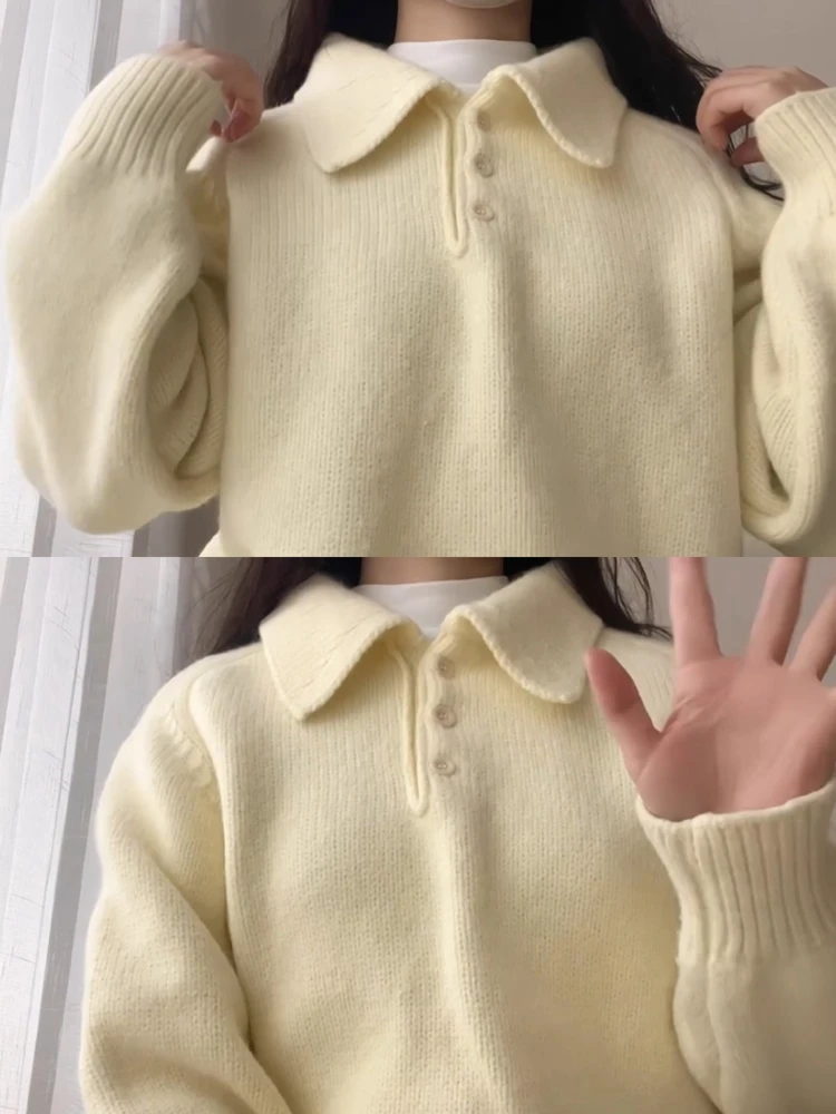 College Sle – tricot à col pour femme, coupe ample, douce, chaude, longue, couleur Sve, vêtements d'extérieur en jaune lait pour l'automne...