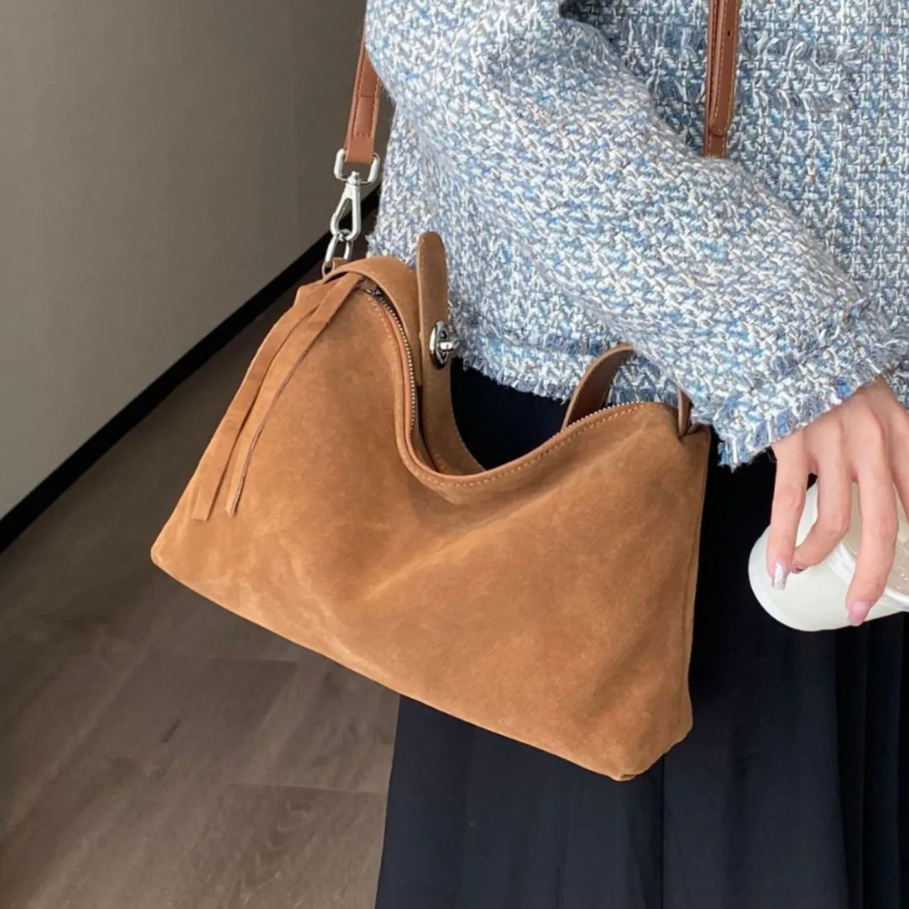 

Genuine Leather Fashion Autumn Winter Boston Tote Soft Matte Suede Cow Leather Women's Handbag Shoulder Crossbody Bag For Women