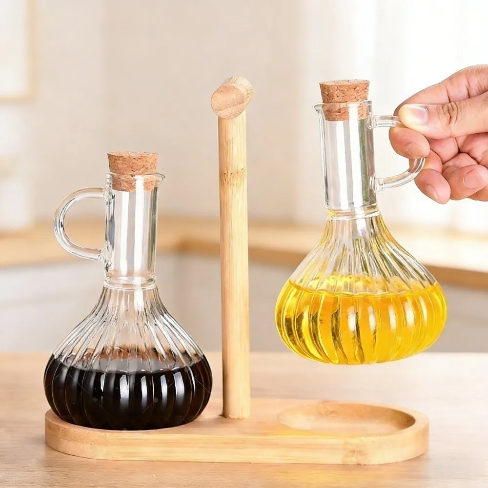 Wooden Stand Glass Oil Pot Sealed Storage Transparent Bottle Sauce Vinegar Cruet Leak-proof High-Temperature Resistant