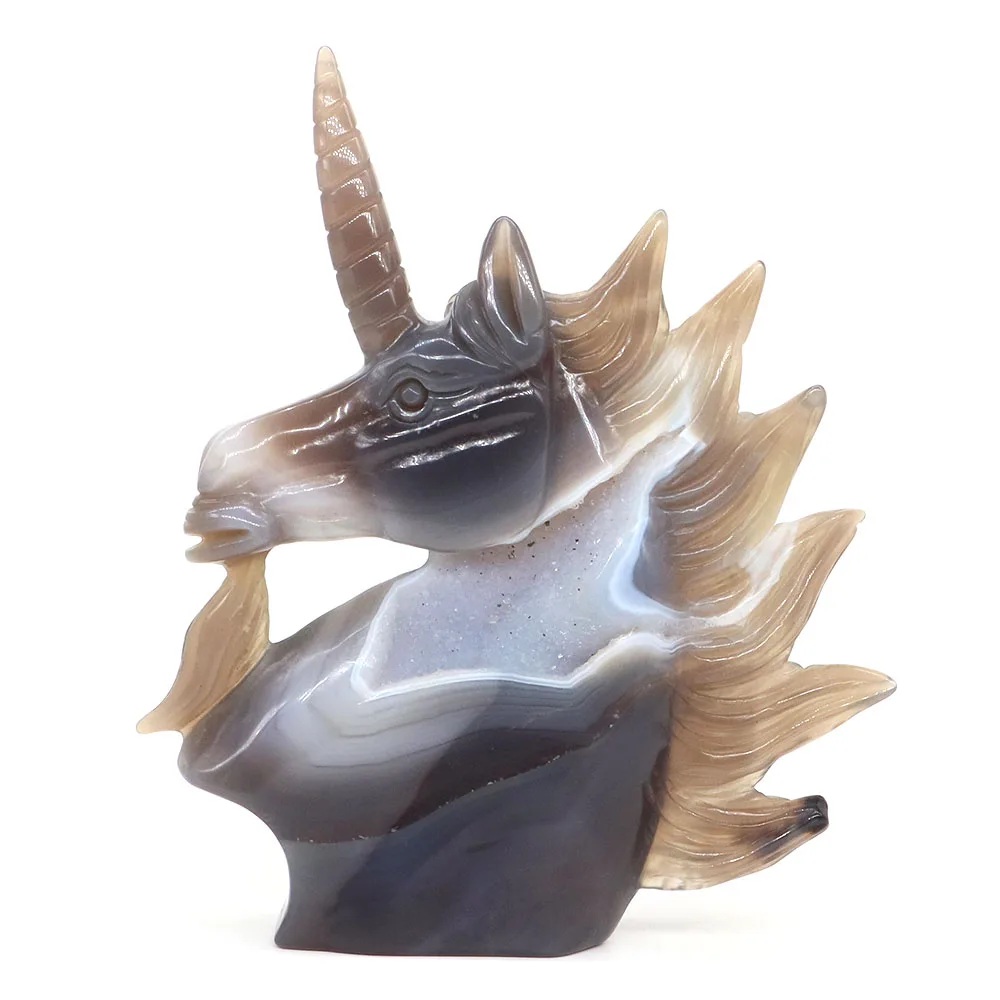 146mm Unicorn Statue Natural Stone Gray Agate Healing Geodes Crystal Hand Carved Reiki Feng Shui Figurine Crafts Home Room Decor