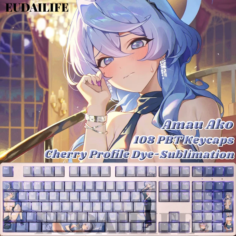 Amau Ako 108 Keycaps Blue Archive PBT DYE Sublimation Light Transmitting Cherry Cross MX Axis Switch for Mechanical Keyboard