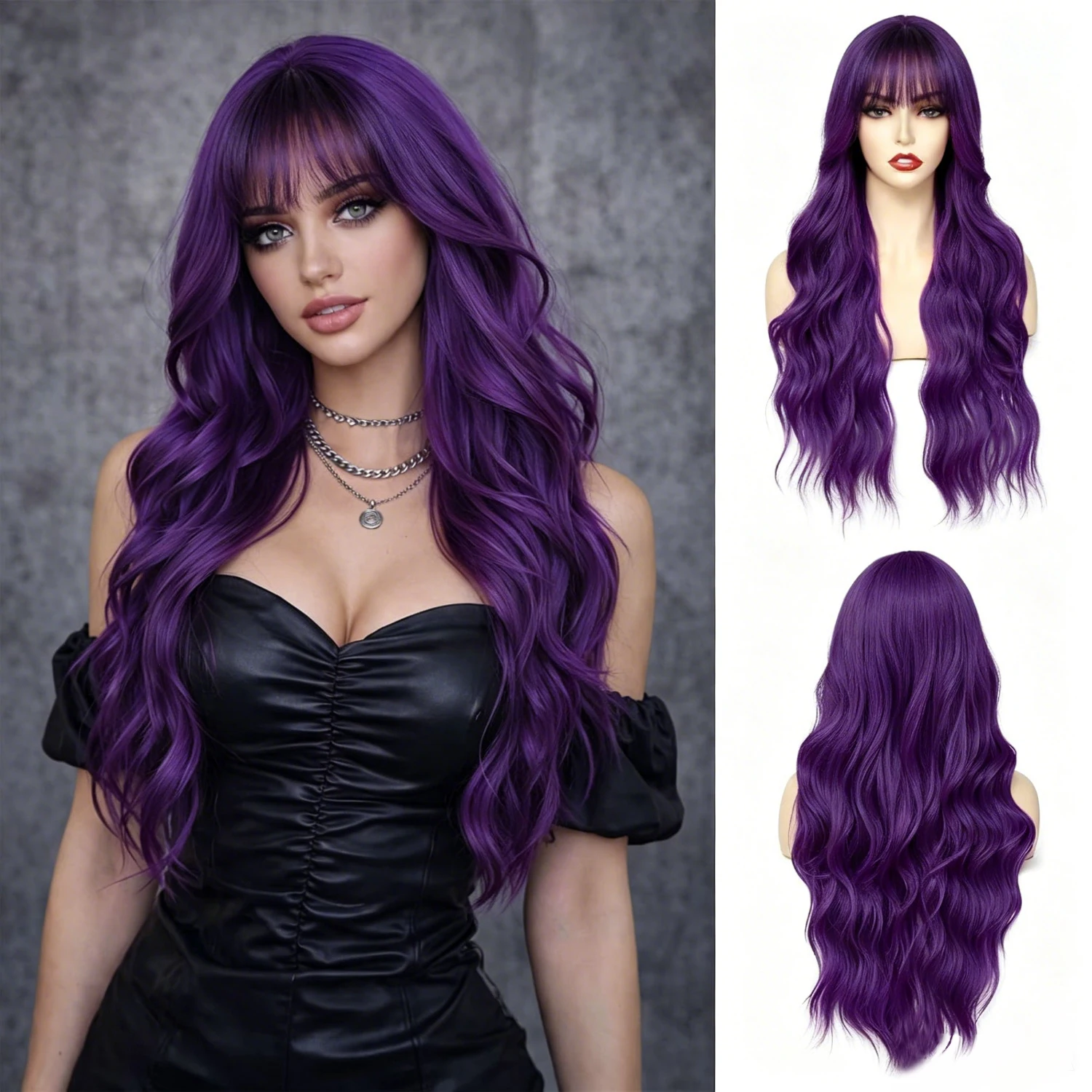 26'' Natural Looking Purple Hair Wigs, Long Dark Purple Wavy Wig with Bangs , Heat Resistant Soft Synthetic Wig, for Daily Party