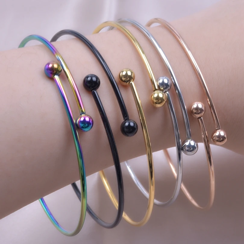 5PCS Adjustable Stainless Steel Fashion Design Minimalist Smooth Beads Bracelet for women Female Jewelry Bangle Accessories