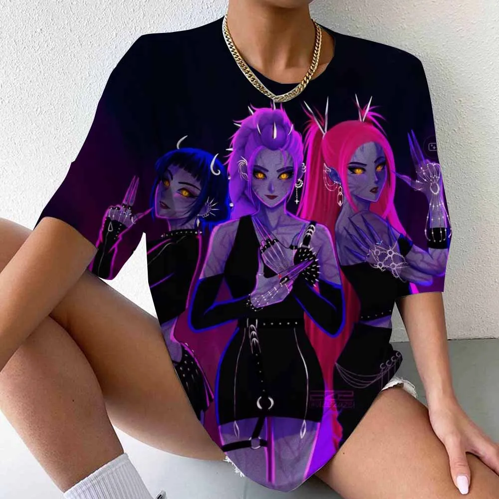 

Женская футболка с рисунком KPop Demon Hunters, острая футболка с принтом группы аниме, летняя одежда для уличной вечеринки и повседневного использования, модные выгляды