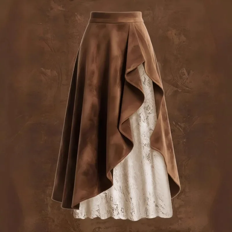 Women Retro Western Suede Skirt Deep Brown Lace Patchwork Midi Length New