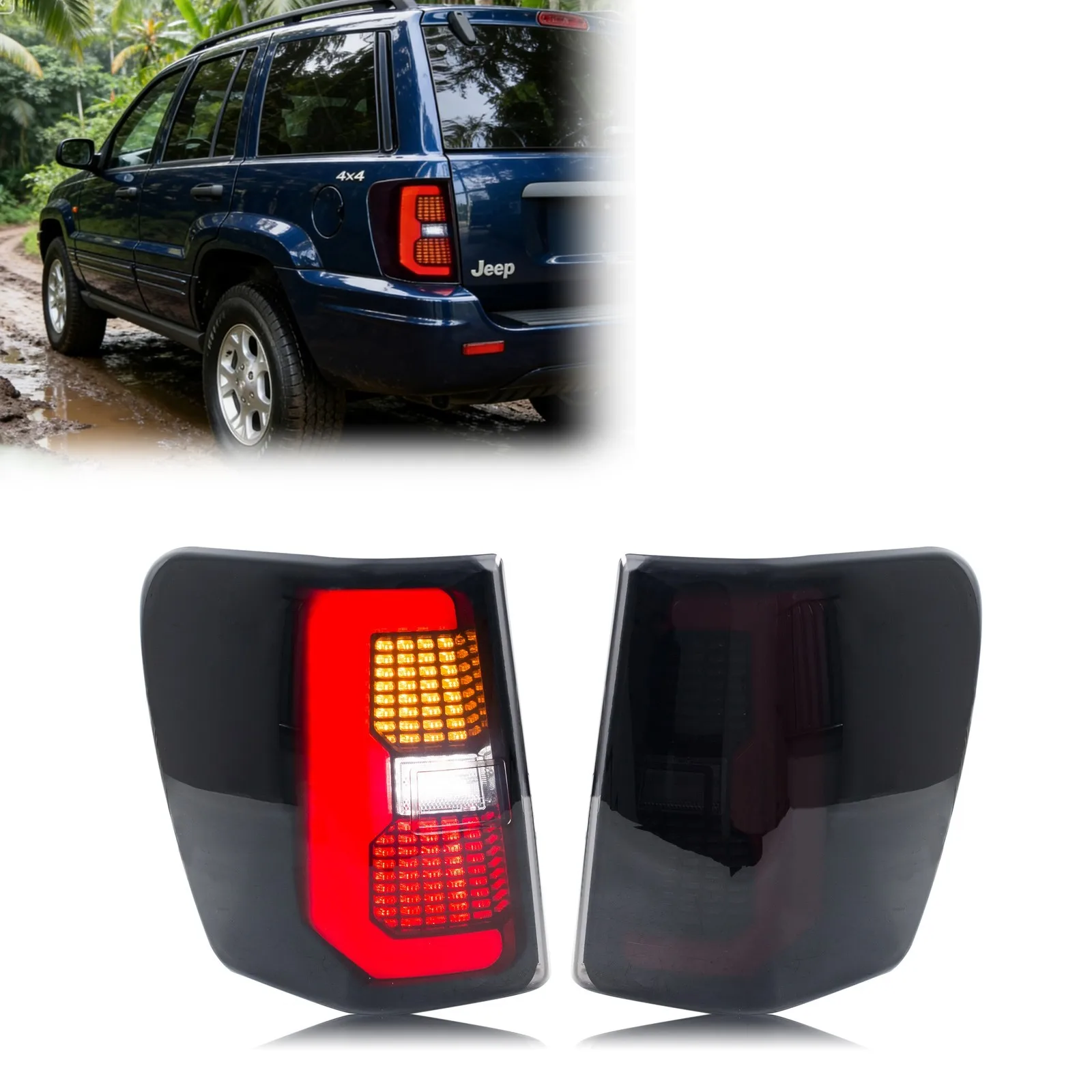 

Светодиодные задние фонари для Jeep Grand Cherokee 1999-2004 с последовательным сигналом поворота, черные, в сборе