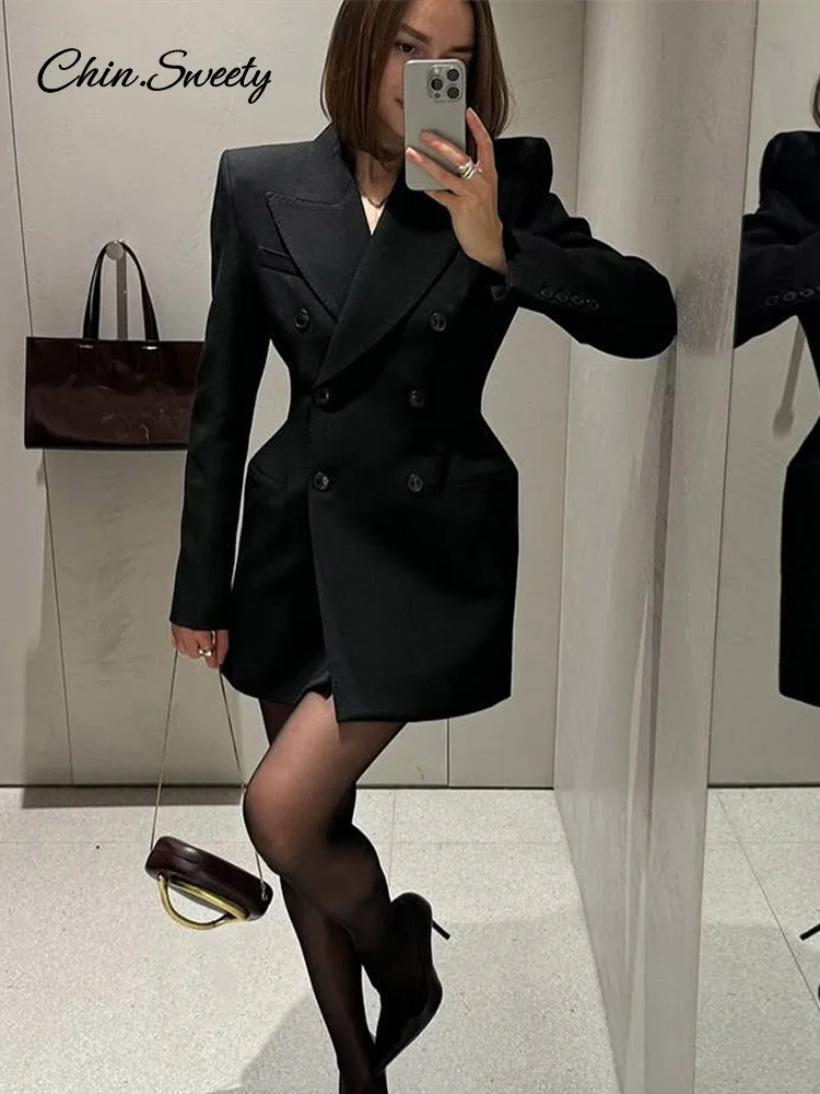 Primavera doble botonadura Blazer Vestido corto mujeres cintura hasta negro vestidos de solapa de manga larga 2025 moda Oficina señora nuevo en prendas de vestir