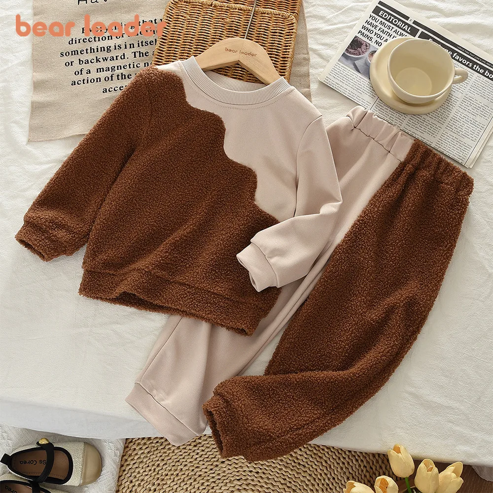 

Bear Leader Autumn winter Fashion Coffee Colored Girl Clothes Teddy Velvet Color Blocked Long Sleeved Top+Pants Two Piece Set