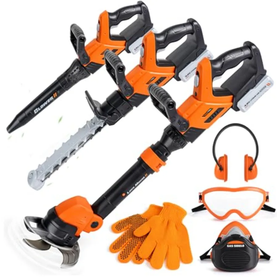 

3-in-1 Yard Tools - Weed Wacker Toy Leaf Blower and Chainsaw Garden Tools with Safety Equipment Realistic Lights and Sounds Pre