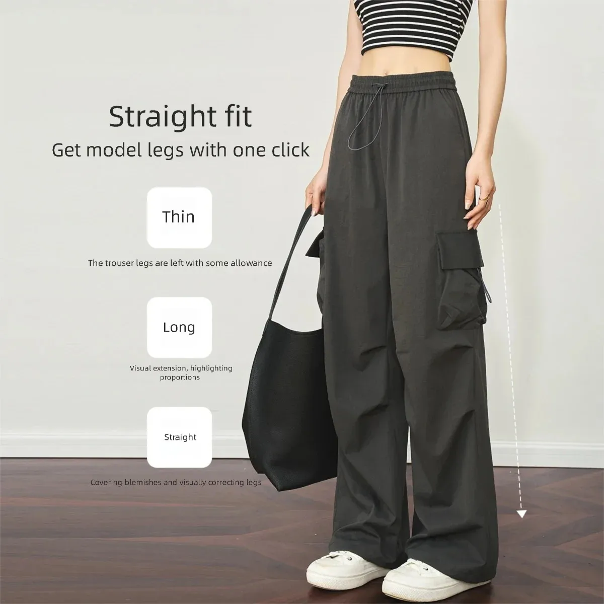 OLrain Women Gray Pants Casual Summer 2025 Safari Style Wide-leg Draw String Pants Pocket High-waisted Lady Trousers O57XK98662