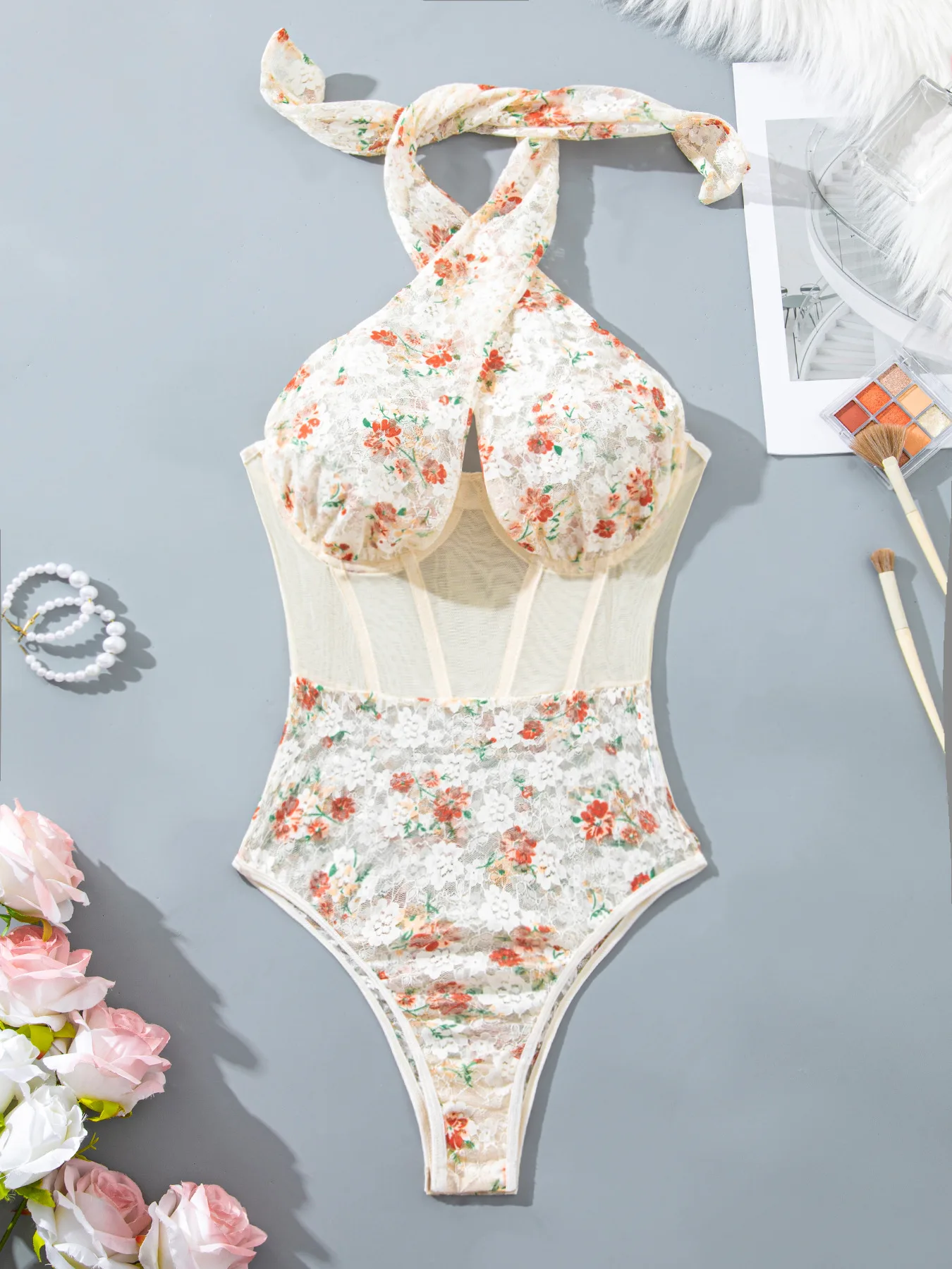 ssTss الساخن فتاة شيك الأزهار المطبوعة ملابس السباحة مثير الرسن بيكيني شبكة Underwire ارتداءها قطعة واحدة تشكيل الخصر Cinching بذلة