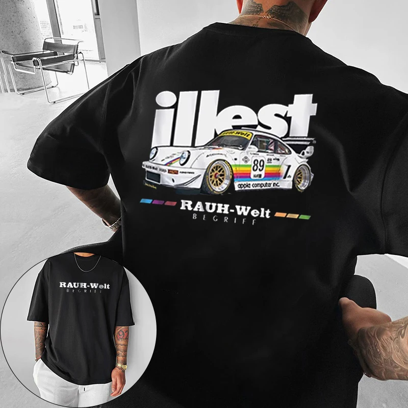 Men Women Oversized Cotton T Shirt Retro Wide Body Race Car Rainbow Stripe Graphic Back Print Loose Streetwear Casual Tops