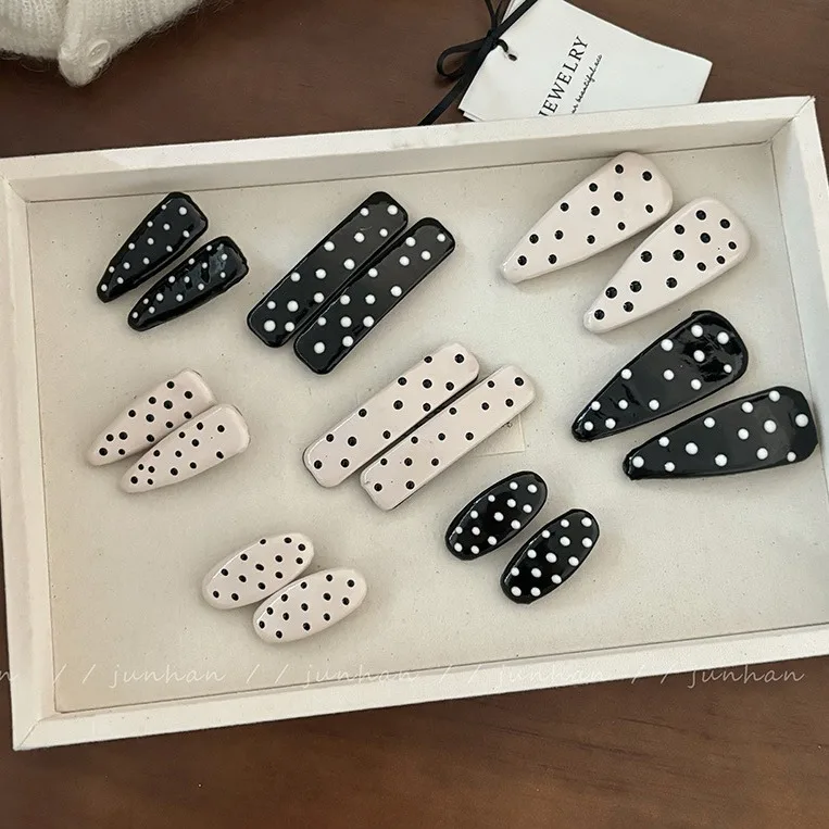 Cream Series White Polka Dot PU Leather Barrettes Break Clip Side Hairpin Ins Style High-End HairAccessories Headdress for Women