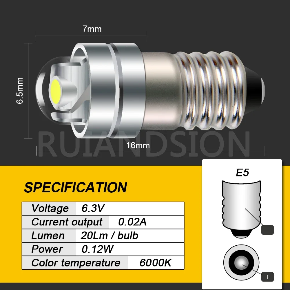 RUIANDSION 50X E5 E5.5 LED Mini Screw Thread Bulb COB 3V 6V 6.3V 12V White 6.5mm Miniature Light For Toy Train Sand Table Model