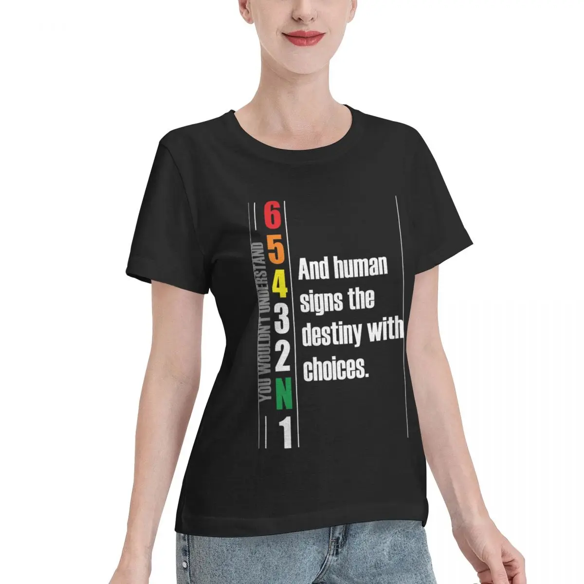 O destino com escolhas, sinais humanos, 1N23456 camiseta básica de manga curta feminina, camisetas com gola redonda, gráfico de humor