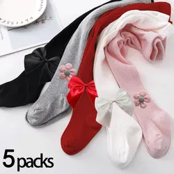 5 sets of girls' knitted pantyhose Princess style floral bow decorate the season's new girls' pantyhose Spring/Autumn cotton bre