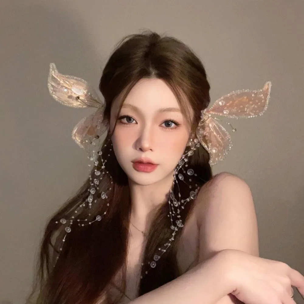 

1Pair Cute Animal Butterfly Hairpins bead Sequin Wedding Bridal Headdress Fairy Korean Style Tassel Hair Clip Wedding