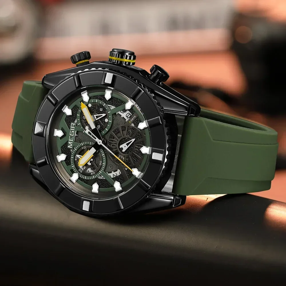 MEGIR Chronograph Quartz Watch Men Subdial Hands ArmyGreen Silicone Sport Watches For Men's Military Waterproof Luminous Clock