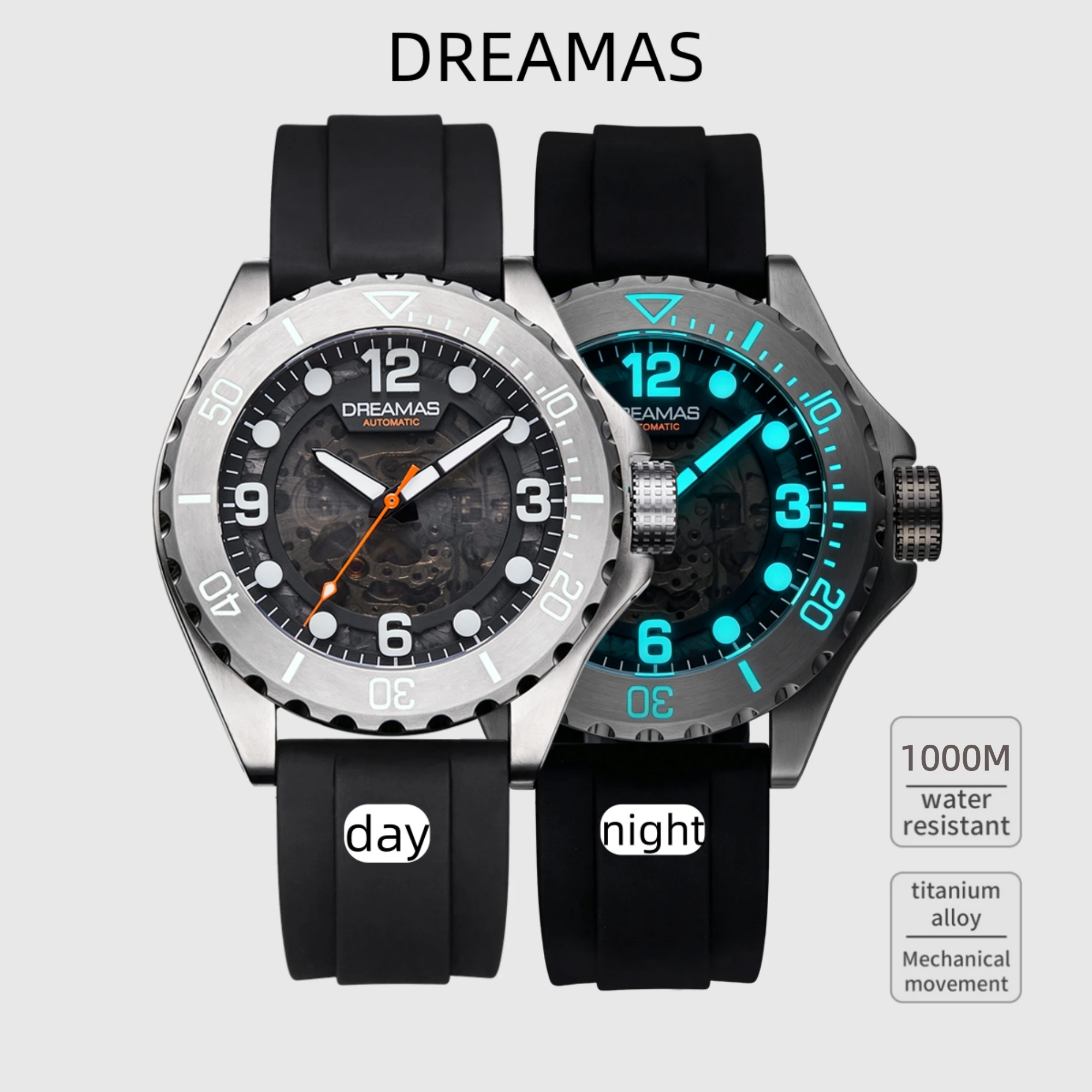 DREAMAS 1000M Taucheruhr mit Titanlegierungsgehäuse, Japanischem Uhrwerk, Kohlefaser-Skelettzifferblatt und 3D-Leuchtfunktion – Detail 1