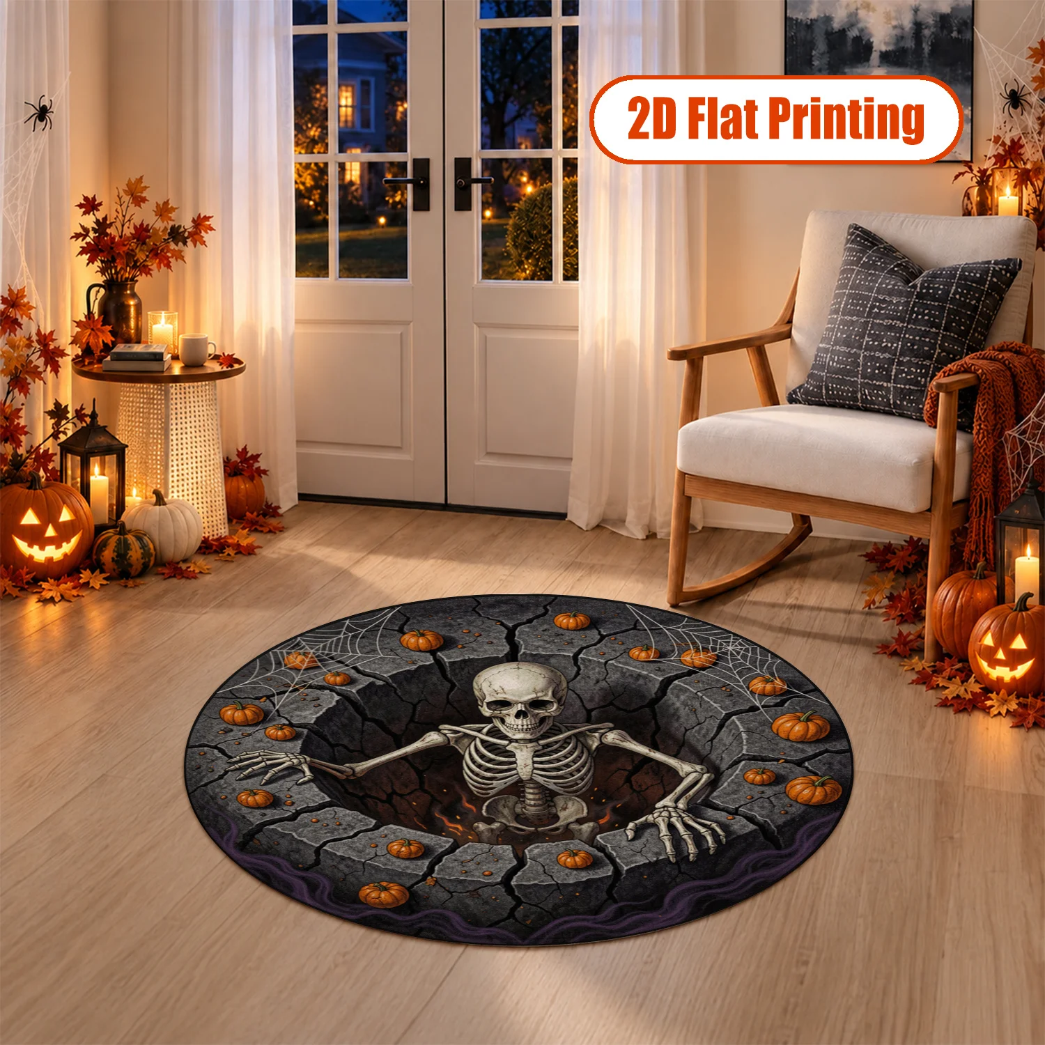 Round Skeleton Pumpkin Cobweb Pattern Velvet Area Rug, Machine Washable Soft Floor Mat for Living Room, Bedroom, Entryway, Dining Room, Halloween Thanksgiving Black Friday Christmas New Year Decor