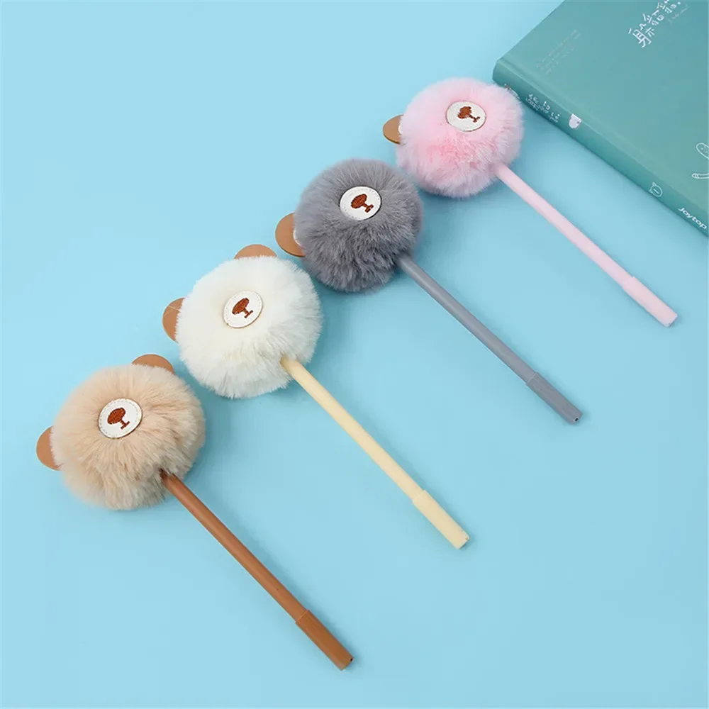 1 Piece Girl Kawaii Plush Ball Bear Gel Pen 0.5mm Black Ink Writing Pens Student School Officel Stationery Creative Pen Supplies