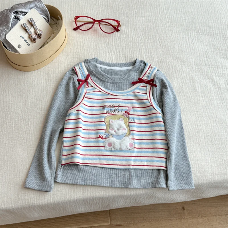 

Children's Clothing Autumn Outfit for Girls Stylish Cartoon Striped Fake Two-PieceTT-shirt for Baby Girls, Base Shirtt