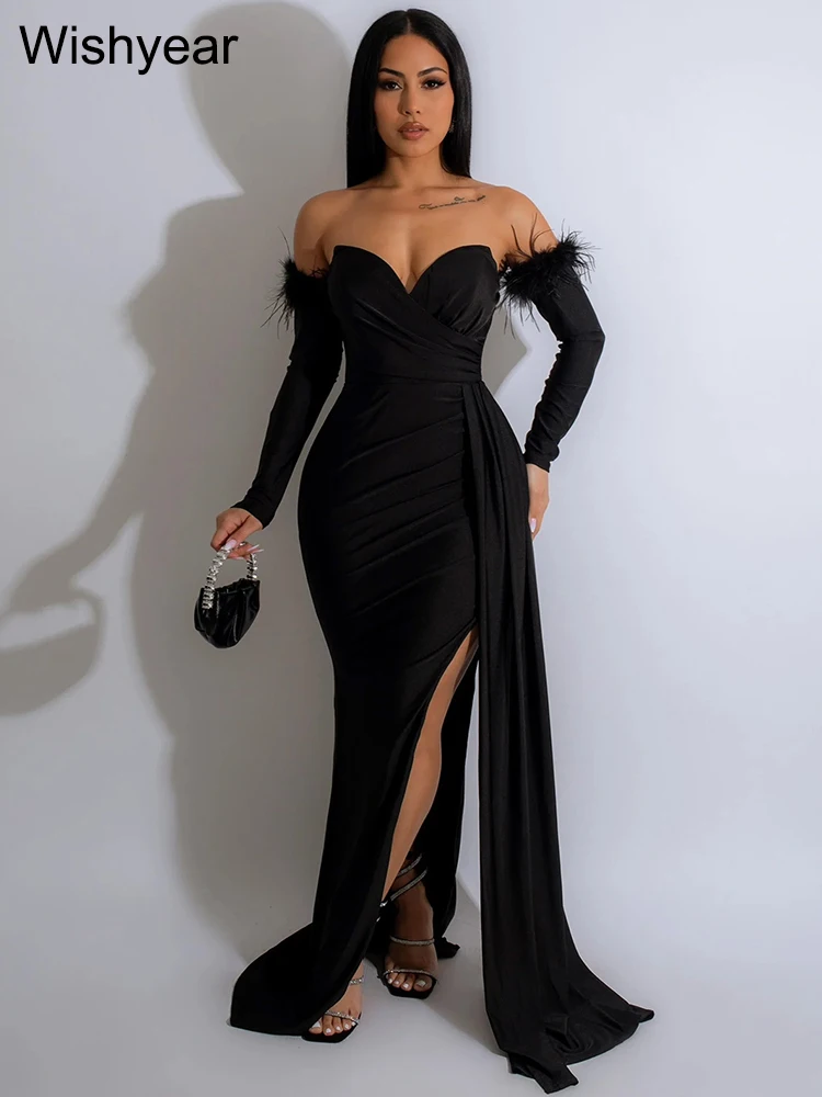 Wishyear-Robe de Soirée Longue et Élégante avec Manches pour Femme, Tenue de Mariage, Noël, Anniversaire