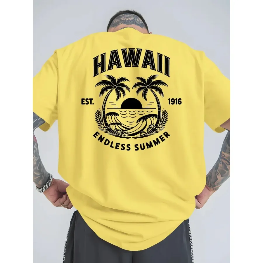 Casual Short-Sleeved T-Shirts for Summer in Hawaii, Featuring Trendy Prints for Men. These Loose-Fitting, Versatile Round-Neck
