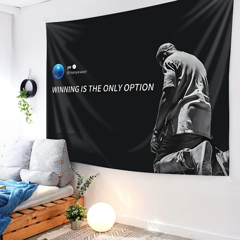 VIKAMA Kanye West Minimalismus-Wandteppich mit schwarzem Hintergrund im Hip-Hop-Rap-Stil, Wandbehang für trendige Musik-Fan-Schlafzimmerdekoration
