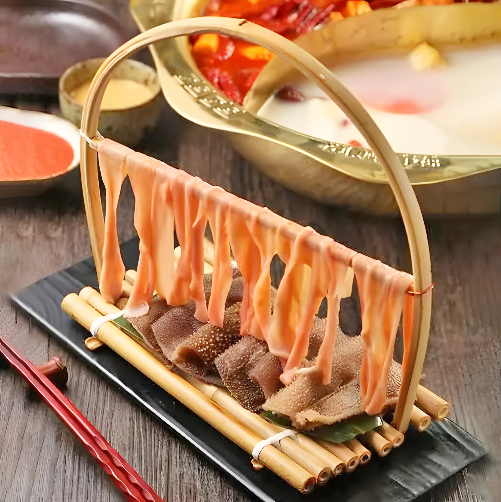 

Private Home Cuisine Special Personalized Cold Dish Small Bamboo Basket Hanger Mutton Cold Dry Zhawu Dessert Bamboo Plate Cabas